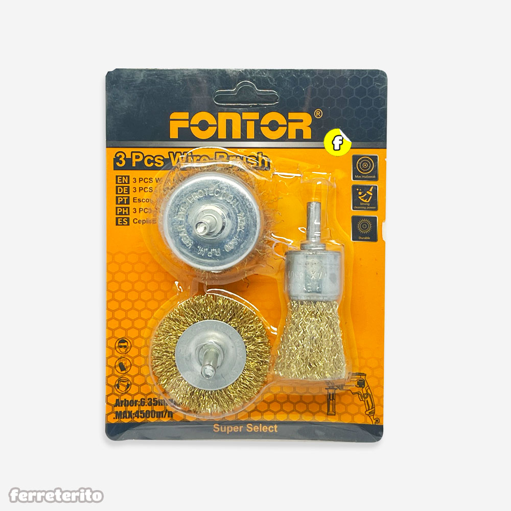 Kit de Cepillos de Alambre Latonado para Taladro (3 Piezas) Circular Copa y Brocha FONTOR (WB3001)